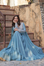 Thumbnail for Evanik Sky Blue Star Georgette with Embroidery Beads Sequins-work Gown With Dupatta