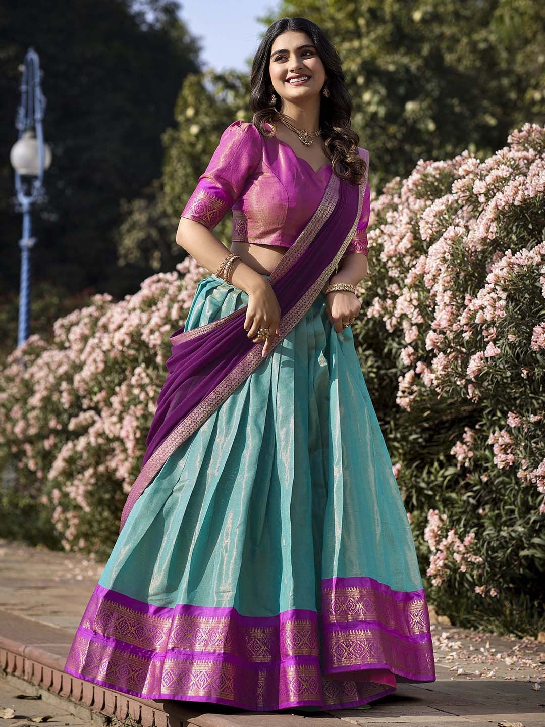 Evanik Women South-Style Kanchipuram Silk Stitched Lehenga With Unstitched Blouse & Dupatta
