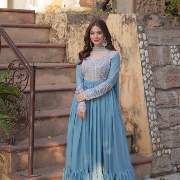 Evanik Sky Blue Star Georgette with Embroidery Beads Sequins-work Gown With Dupatta