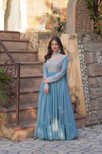Thumbnail for Evanik Sky Blue Star Georgette with Embroidery Beads Sequins-work Gown With Dupatta