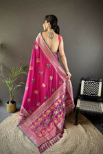 Thumbnail for Joban Fashion Pink Elephant & Floral Motifs Soft Lichi Silk Banarasi Saree - Distacart