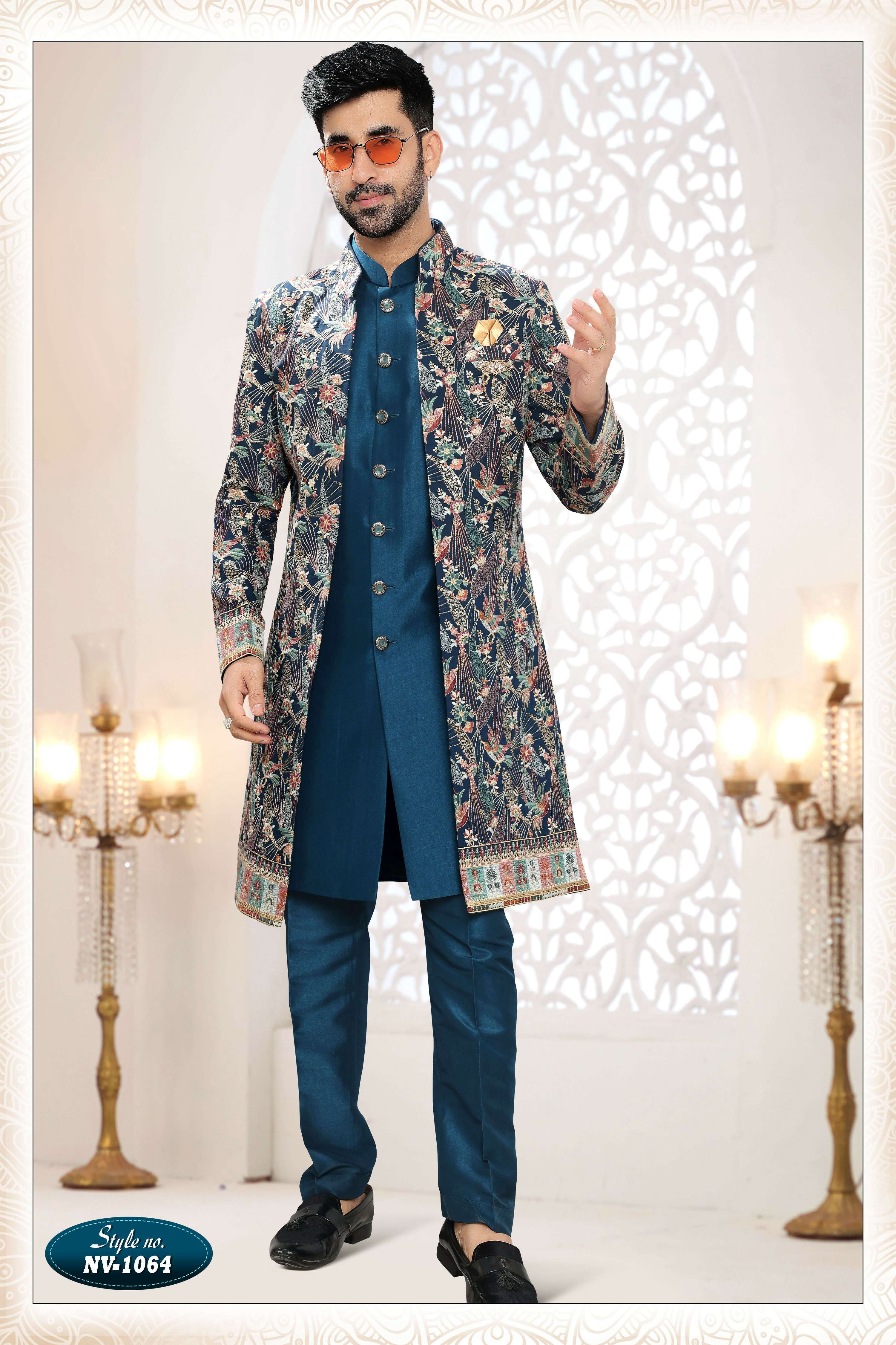 Joban Fashion Men's Blue Straight Silk Thread And Sequence Embroidery All Over 3 Pc Kurta Set - Distacart