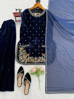 Thumbnail for Vastranavya Blue Viscose Velvet Thread Sequence Work Kurta & Palazzo With Dupatta