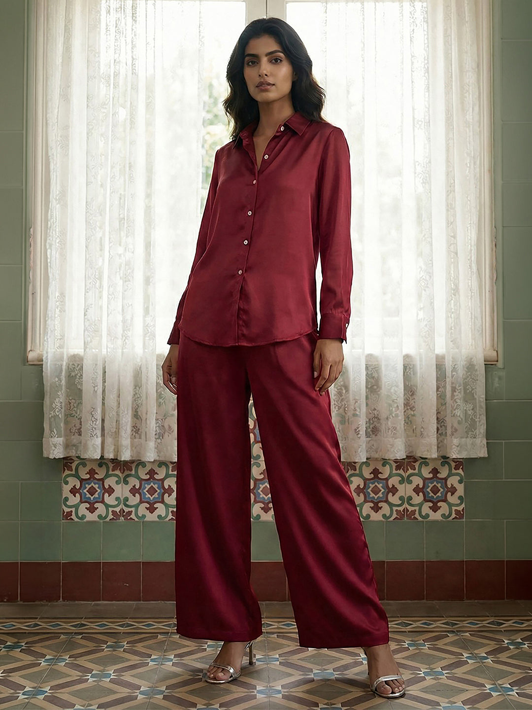 Janasya Maroon Straight Satin Co-Ords - Dista