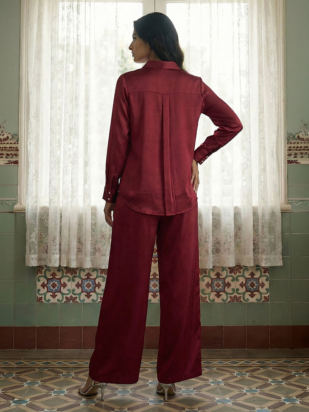 Janasya Maroon Straight Satin Co-Ords - Dista