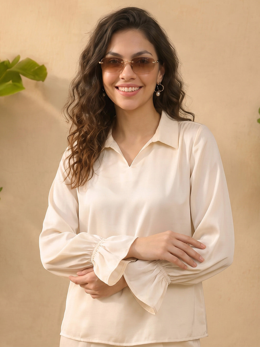 Janasya Cream Straight Satin Pant Co-ord Sets - Dista