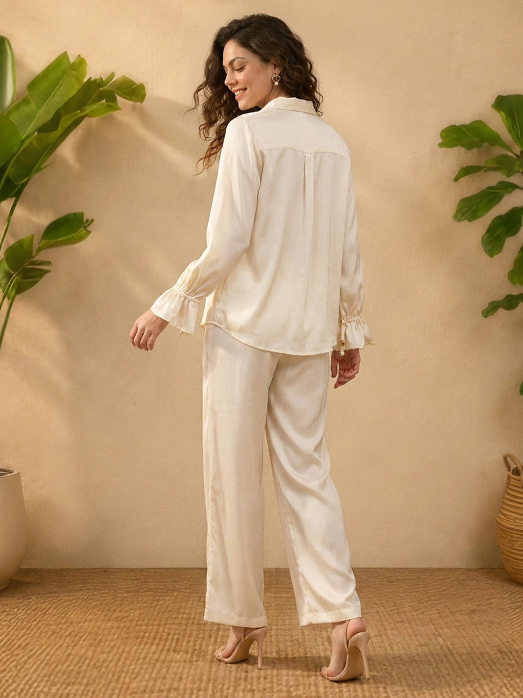 Janasya Cream Straight Satin Pant Co-ord Sets - Dista