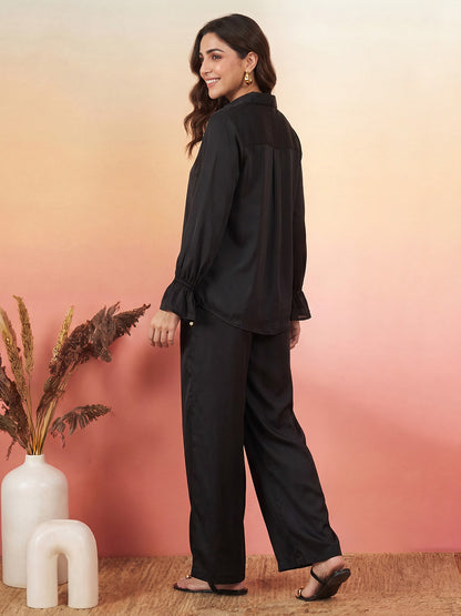 Janasya Black Straight Satin Pant Co-ord Sets - Dista