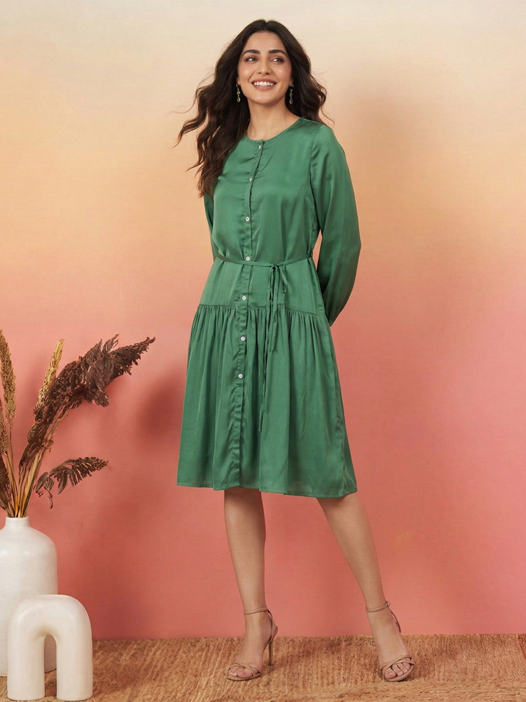 Janasya Dark Green Fit & Flare Satin Dress - Dista