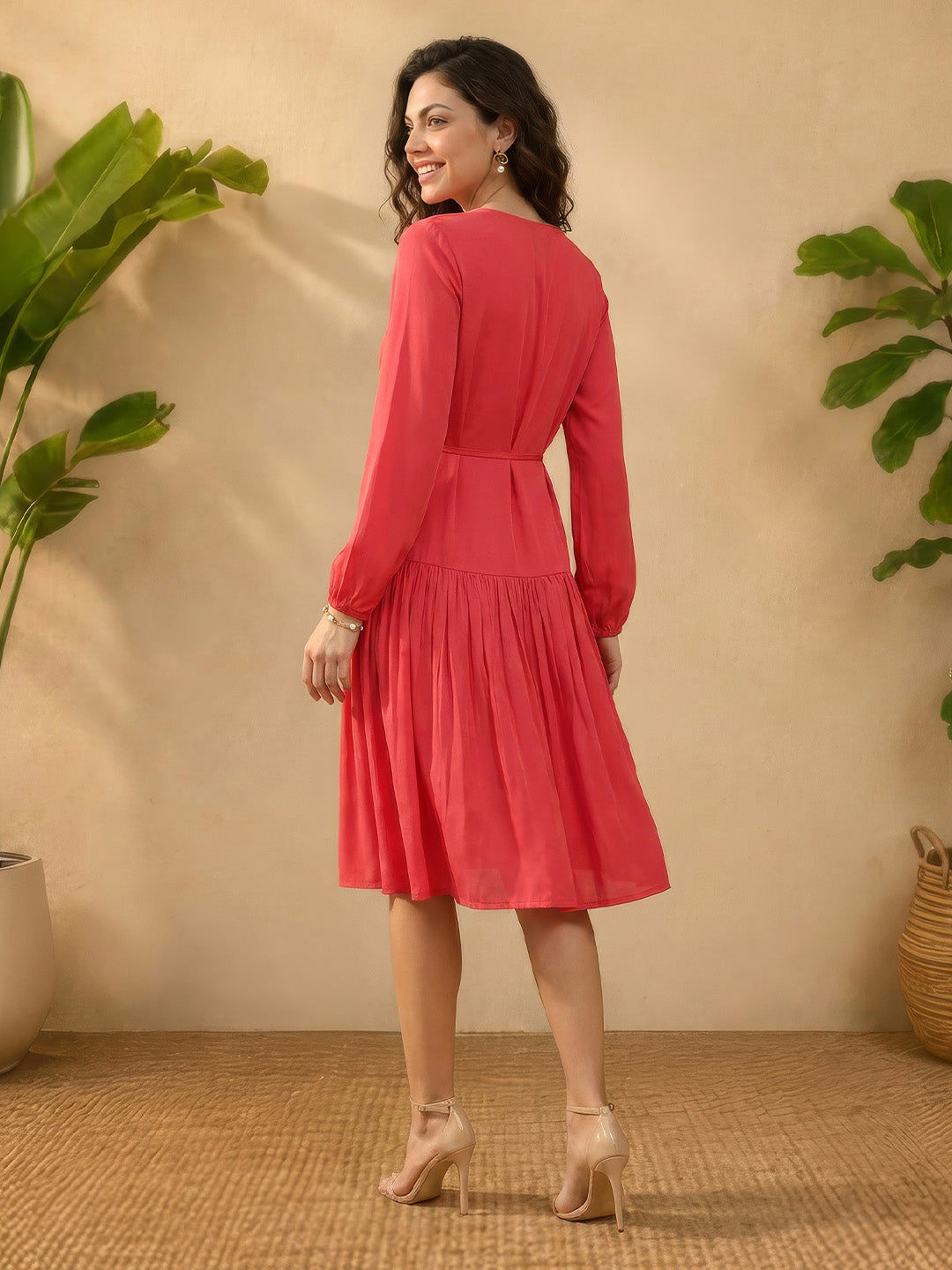 Janasya Pink Gathered Satin Dress - Dista