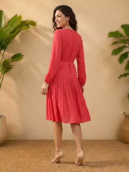 Janasya Pink Gathered Satin Dress - Dista