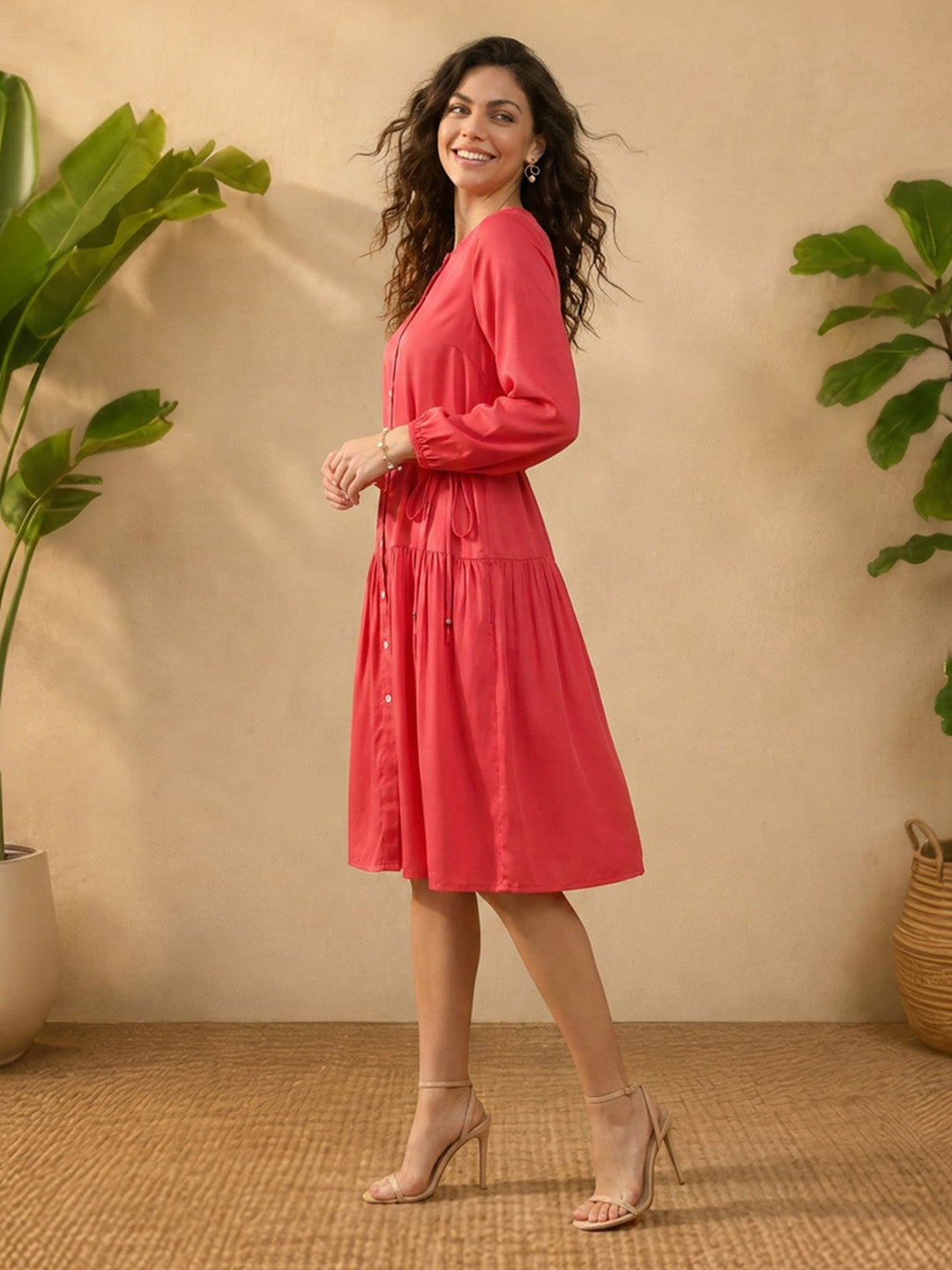 Janasya Pink Gathered Satin Dress - Dista