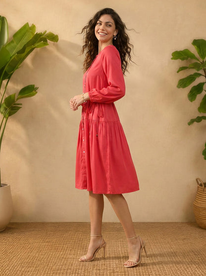 Janasya Pink Gathered Satin Dress - Dista