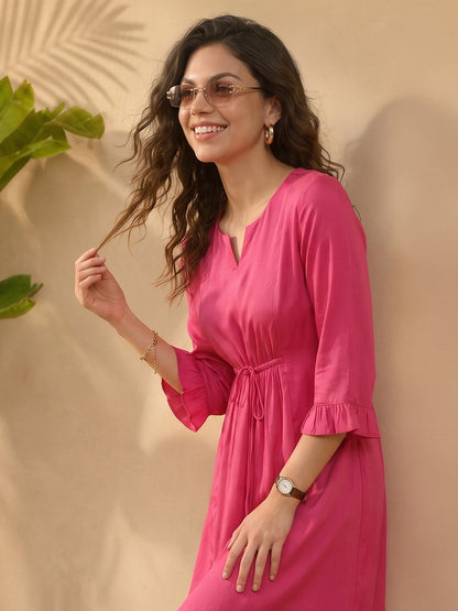 Janasya Magenta A-Line Satin Dress - Dista