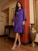 Thumbnail for Janasya Purple A-Line Satin Dress - Dista
