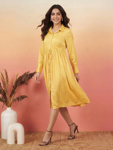 Janasya Yellow Fit & Flare Satin Dress - Dista
