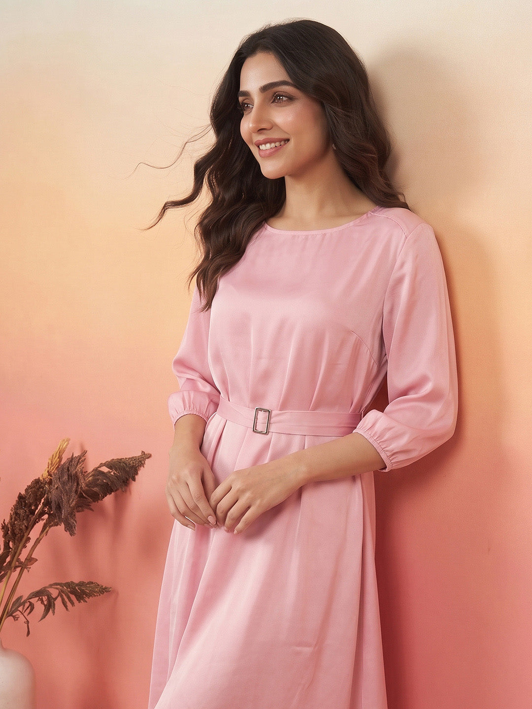 Janasya Pink A-Line Satin Dress - Dista