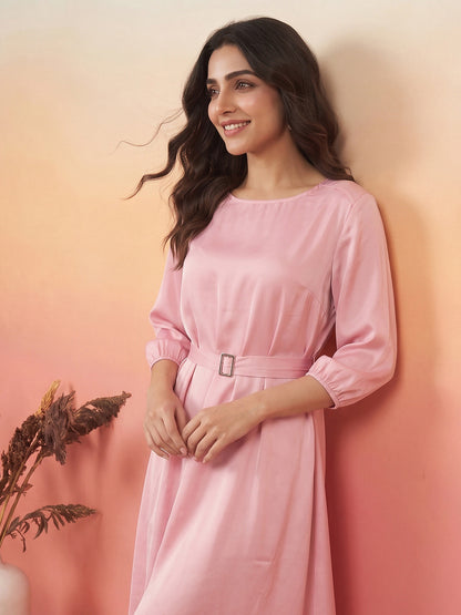 Janasya Pink A-Line Satin Dress - Dista