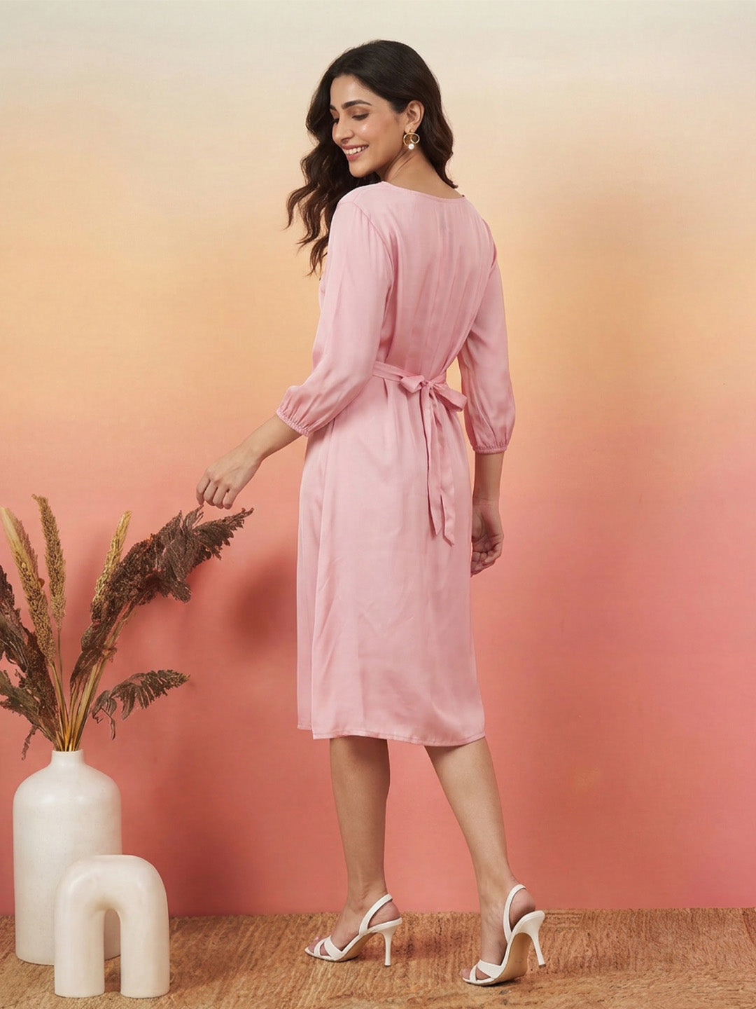 Janasya Pink A-Line Satin Dress - Dista