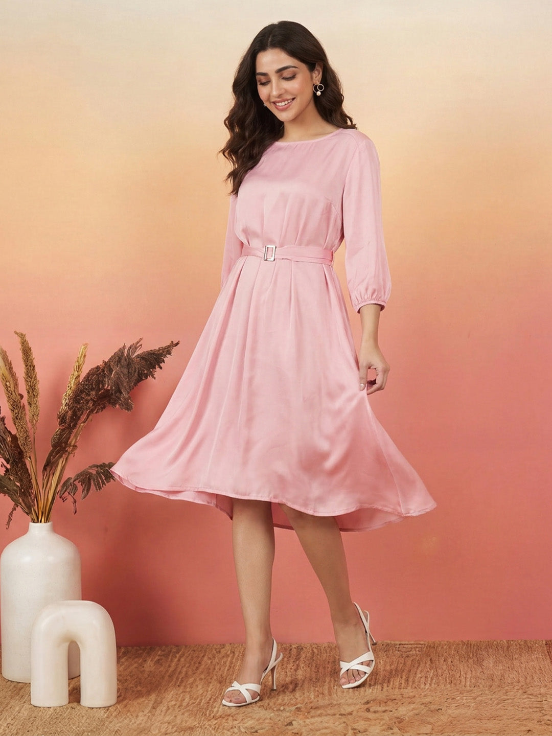 Janasya Pink A-Line Satin Dress - Dista