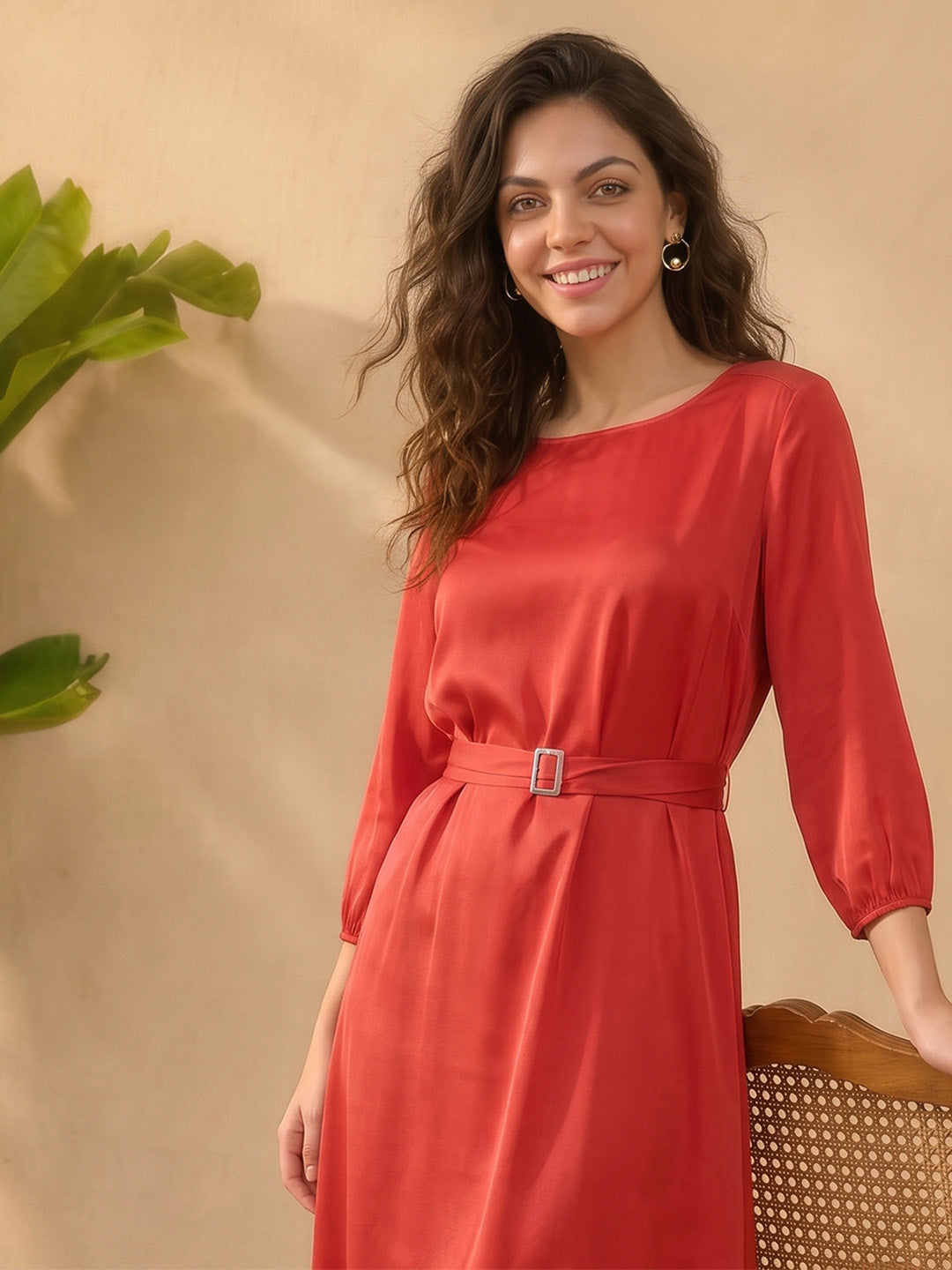 Janasya Red A-Line Satin Dress - Dista