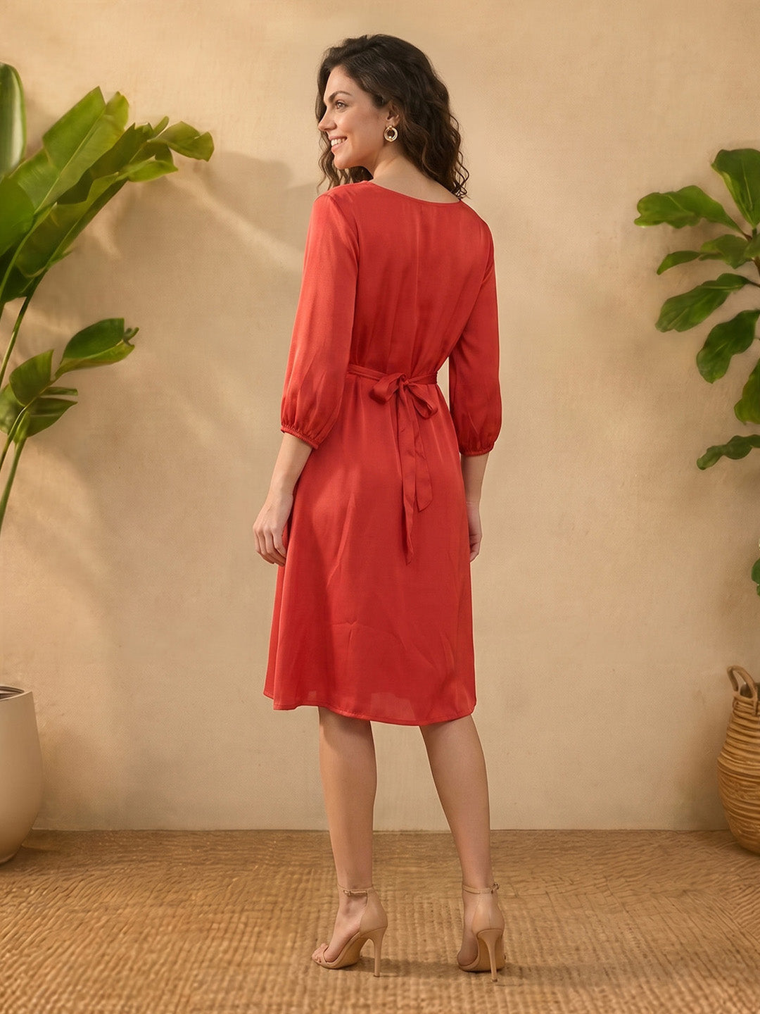 Janasya Red A-Line Satin Dress - Dista