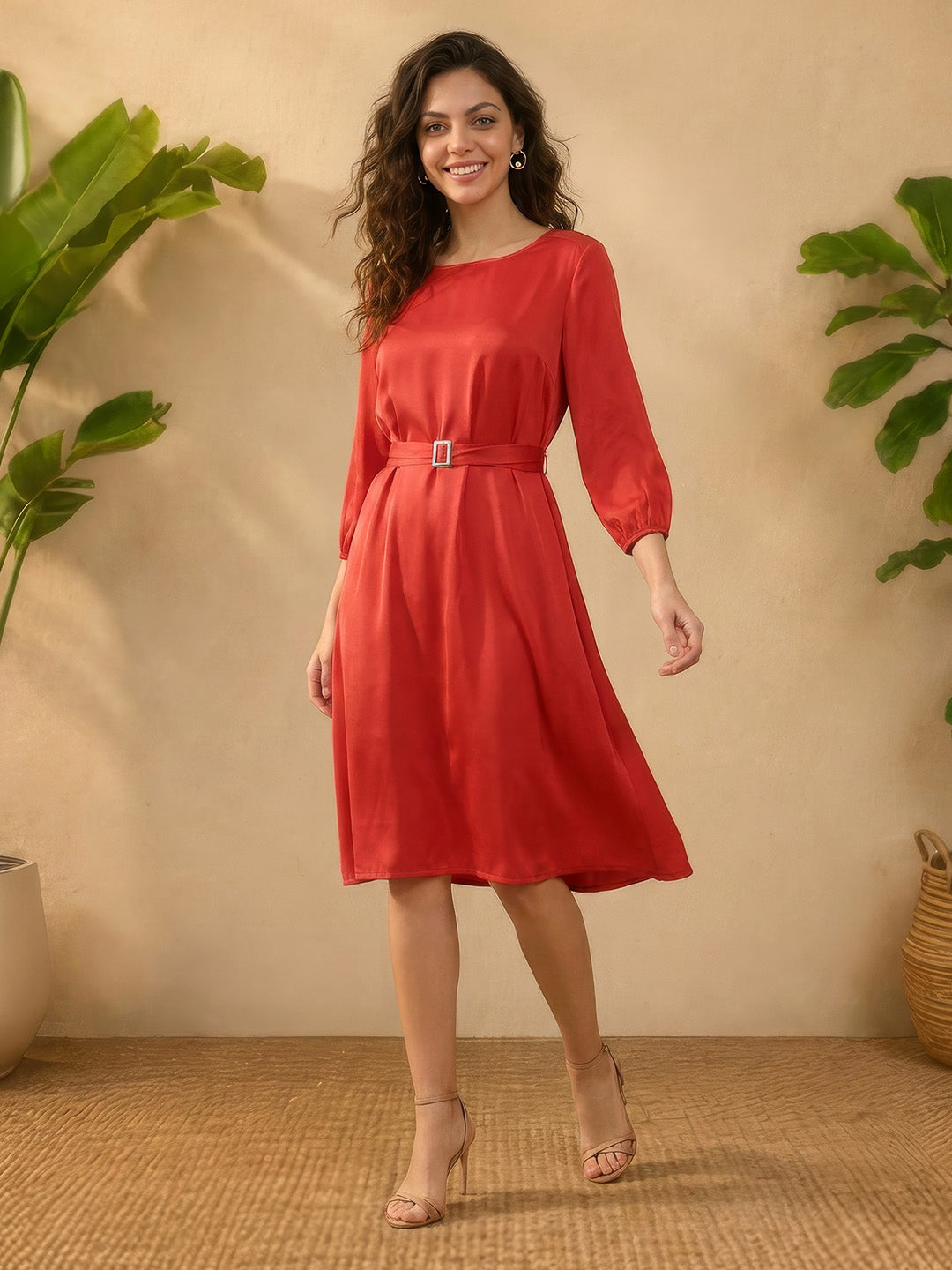 Janasya Red A-Line Satin Dress - Dista