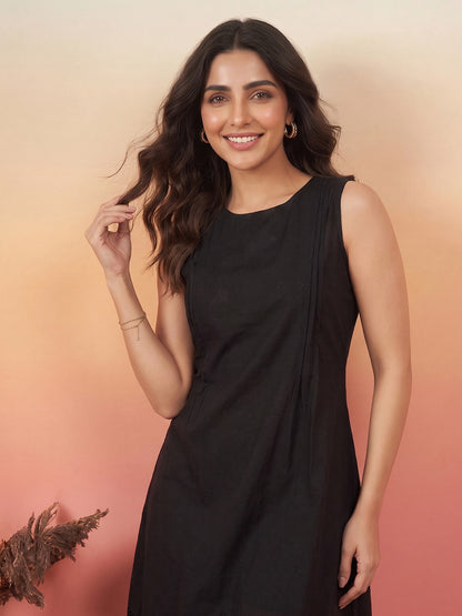 Janasya Black A-Line Cotton Dress - Dista