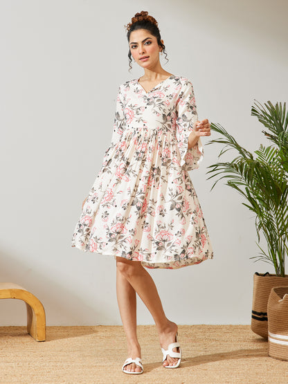 Janasya Off White A-Line Rayon Dress - Dista