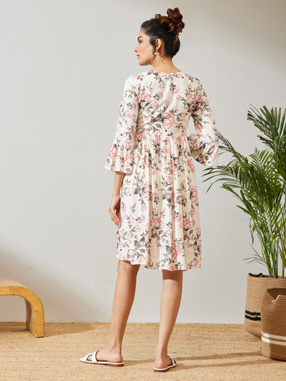 Janasya Off White A-Line Rayon Dress - Dista