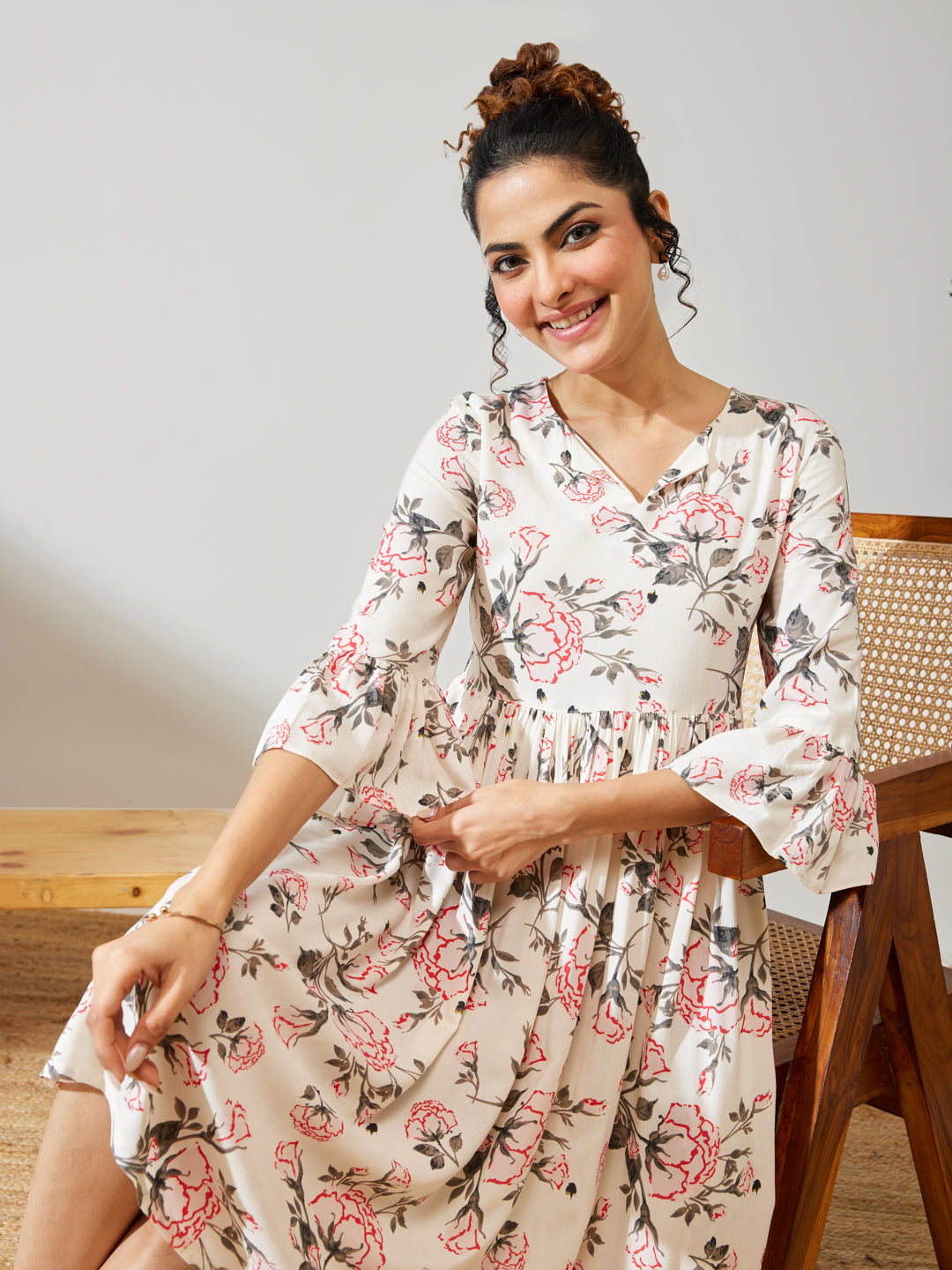 Janasya Off White A-Line Rayon Dress - Dista