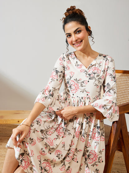 Janasya Off White A-Line Rayon Dress - Dista