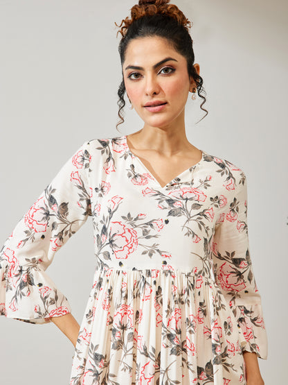 Janasya Off White A-Line Rayon Dress - Dista