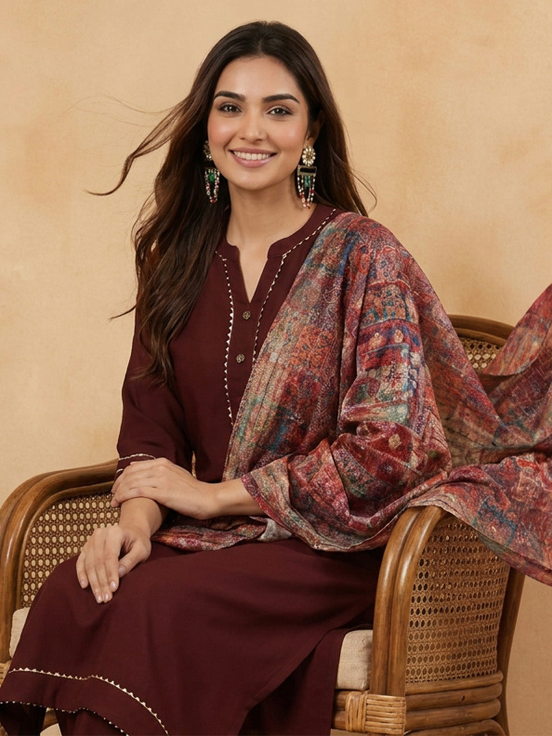 Janasya Brown Straight Crepe Kurta,Bottom & Dupatta - Dista