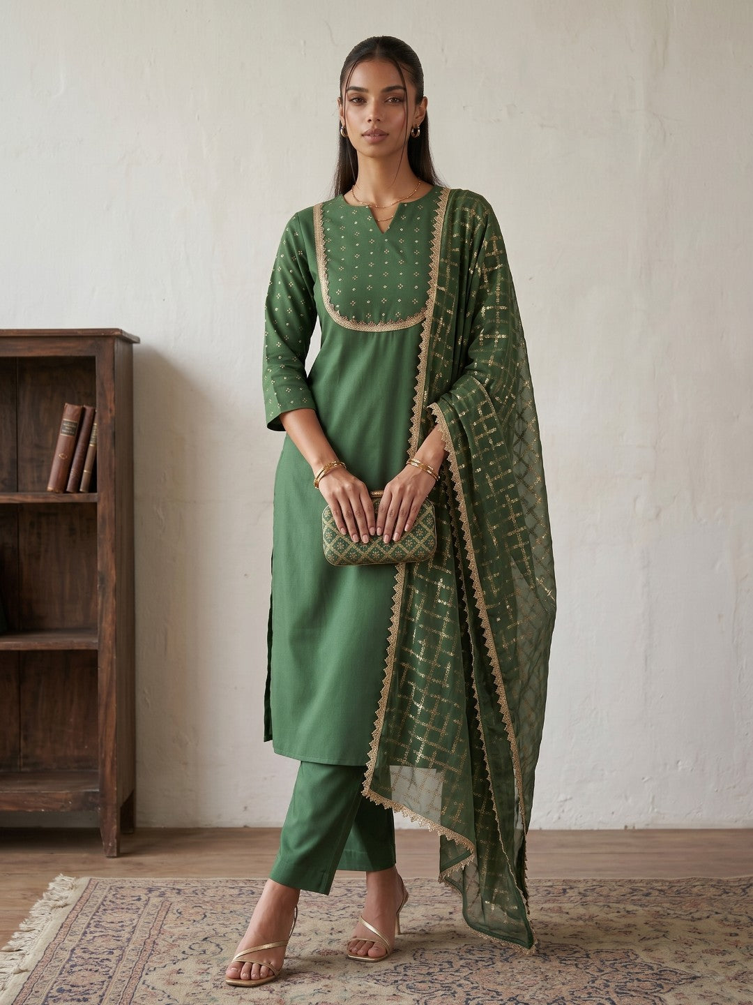 Janasya Sage Straight Crepe Kurta,Bottom & Dupatta - Dista