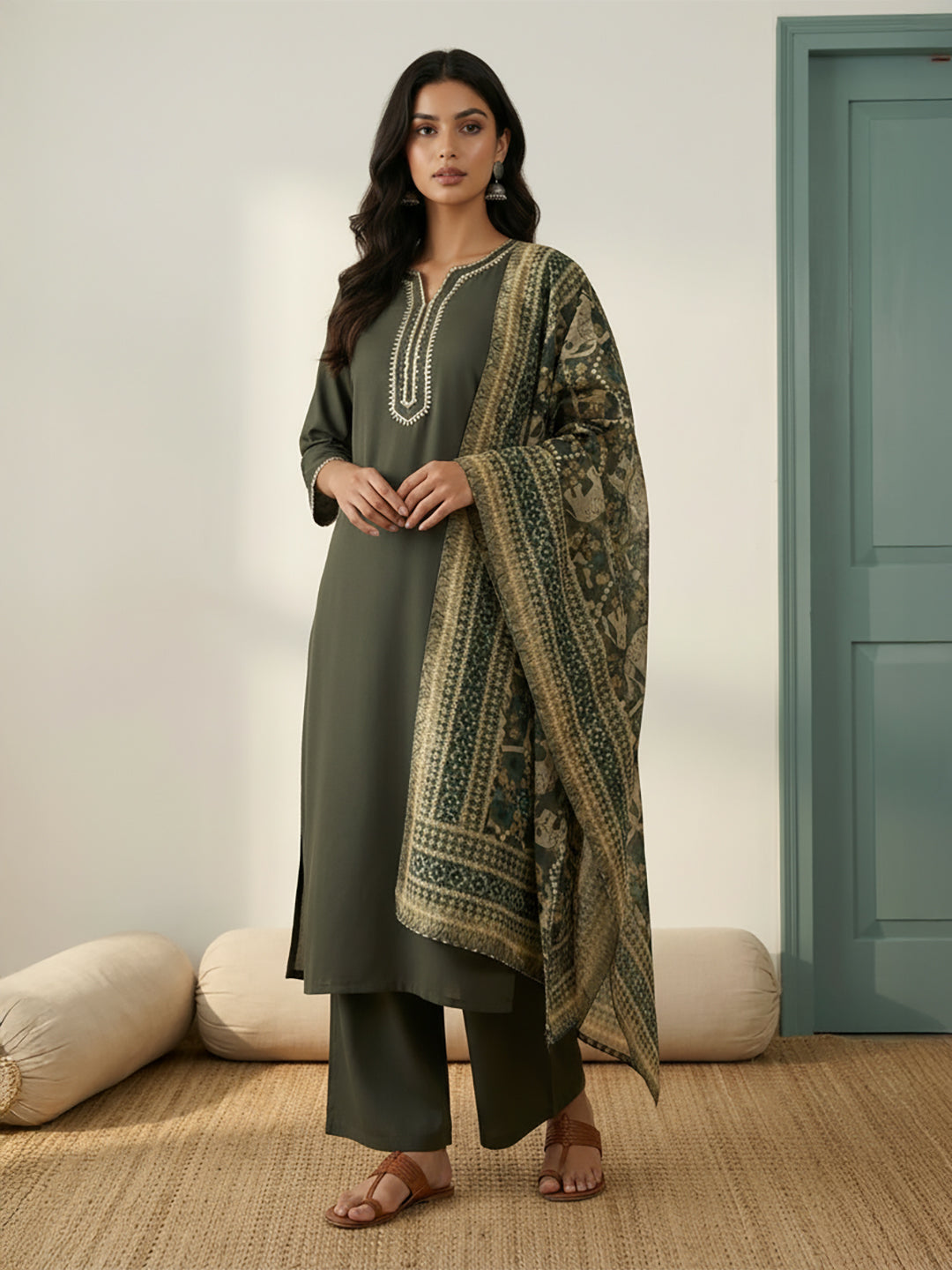 Janasya Olive Straight Crepe Kurta,Bottom & Dupatta - Dista