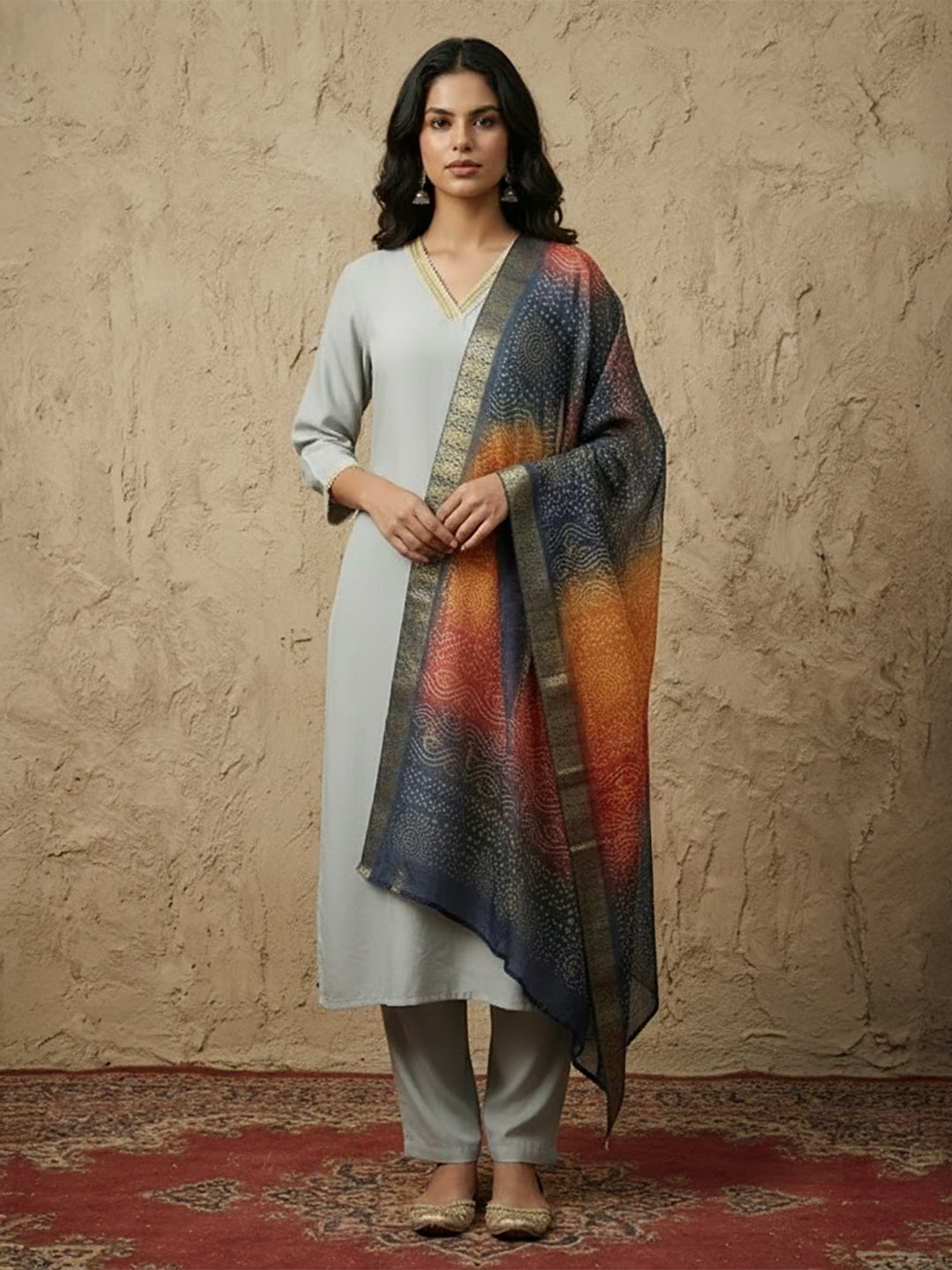 Janasya Grey Straight Crepe Kurta,Bottom & Dupatta - Dista