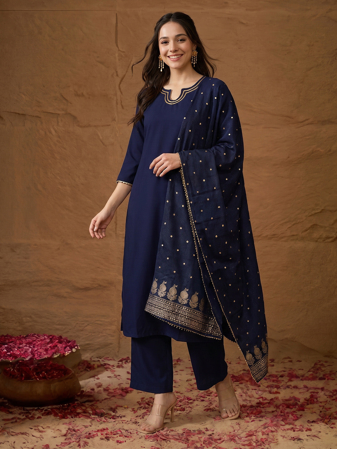 Janasya Navy Blue Straight Crepe Kurta,Bottom & Dupatta - Dista