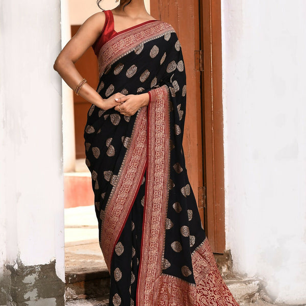 Joban Fashion Black Crepe Chiffon Pure Handloom Banarasi Silk Saree