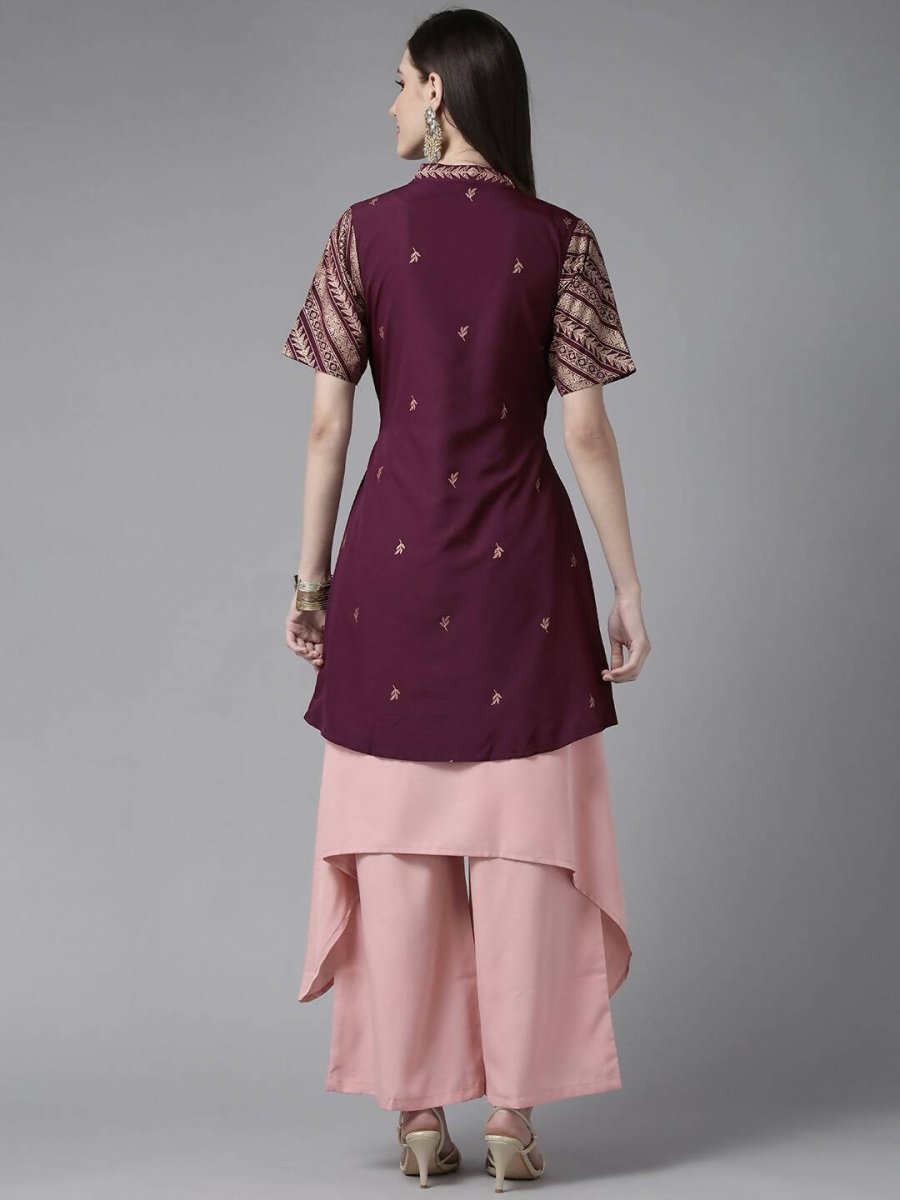 Ahalyaa Women Rose Pink Crepe Kurta Palazzos Set With Burgundy Jacket - Distacart