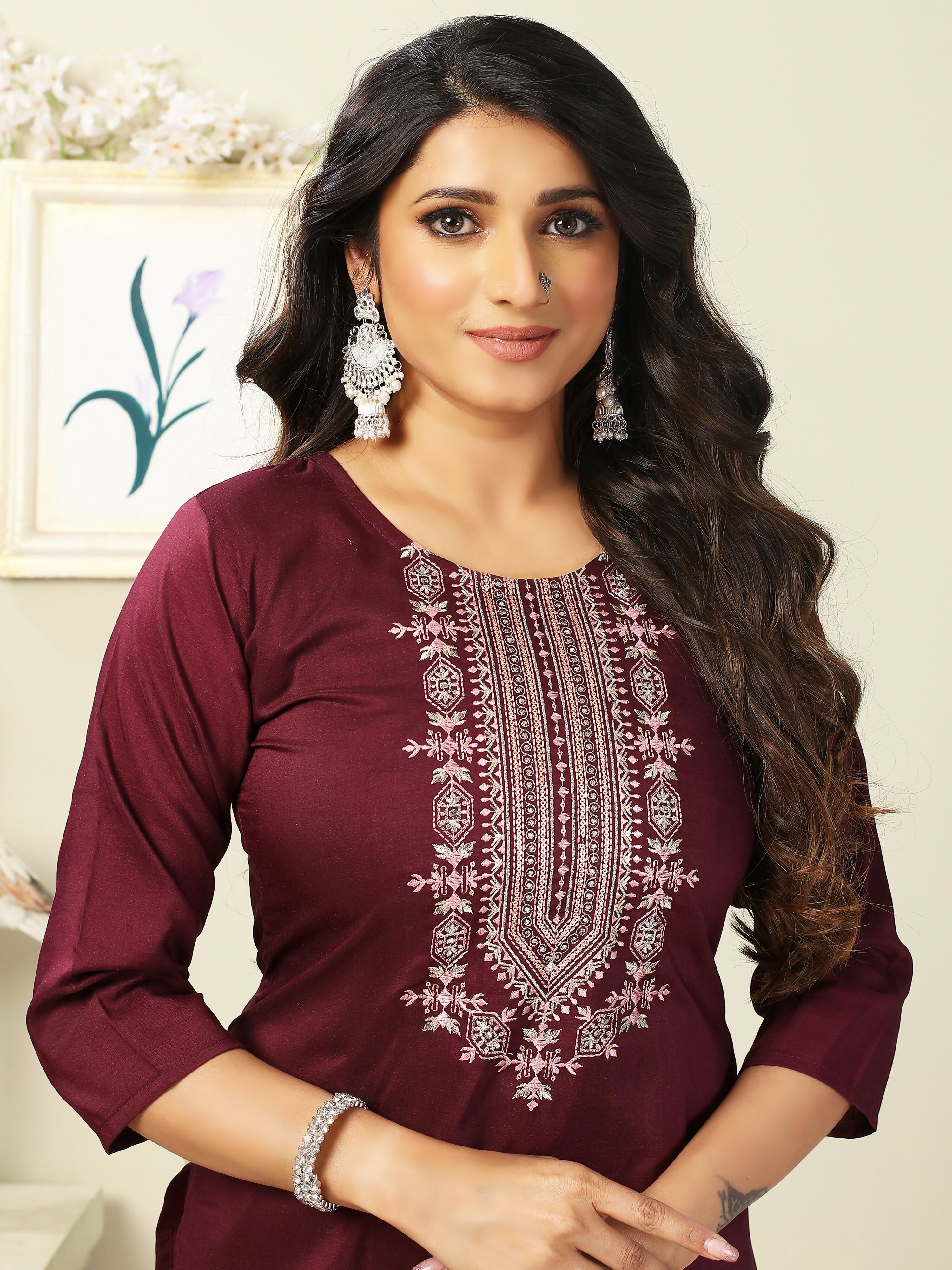 Vamika Chinon Embroidery Mahroon Party Wear/Casual Wear/Office Wear Kurta Set/Suit - Distacart