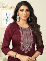 Thumbnail for Vamika Chinon Embroidery Mahroon Party Wear/Casual Wear/Office Wear Kurta Set/Suit - Distacart