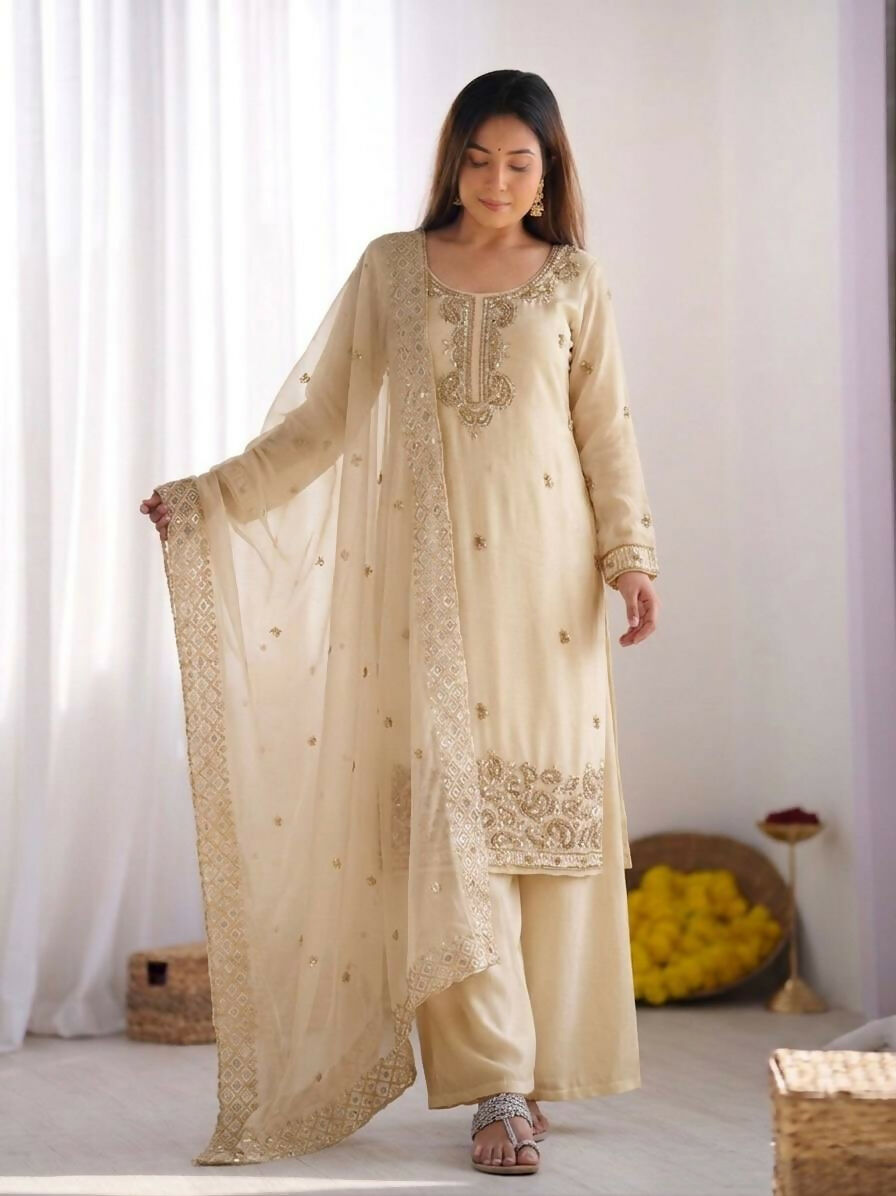 Teeya Creation Womens New Trendy Stylish Embroidery Beads Work Palazzo Kurta Set -Cream - Dista