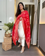 Thumbnail for The52 White Women's Beautiful Chanderi Jacquard Fabric Embroidered Work Straight Kurta Pant and Dupatta Set - Distacart