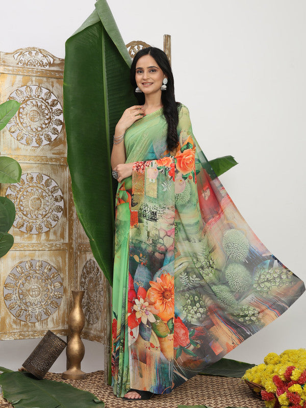 Shivam Fabrics Green Georgette Fabric Printed Saree