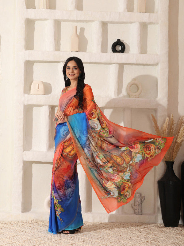 Shivam Fabrics Red Georgette Fabric Printed Saree