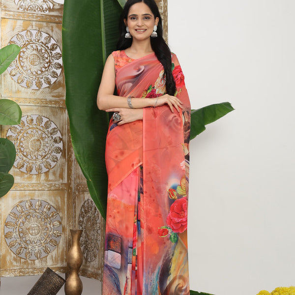 Shivam Fabrics Pink Georgette Fabric Printed Saree