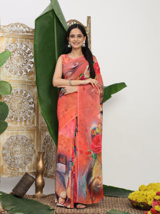 Shivam Fabrics Pink Georgette Fabric Printed Saree