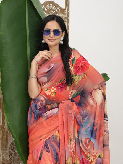 Shivam Fabrics Pink Georgette Fabric Printed Saree - Distacart