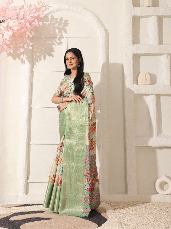 Shivam Fabrics Green Lichi Patta Fabric Printed Saree